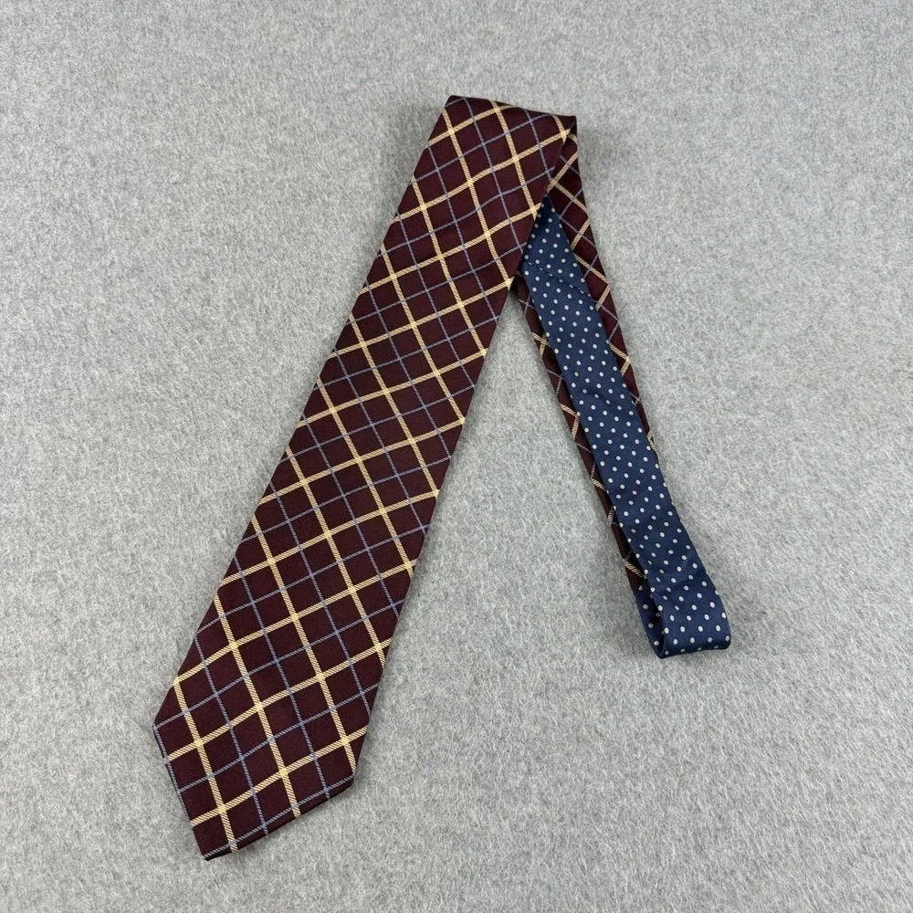 Vintage Tommy Hilfiger USA Silk Tie Burgundy Gold Blue Windowpane Necktie 57x3.6